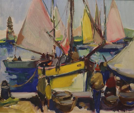 Continental School, oil on canvas, Fishing boats in harbour 49 x 59cm